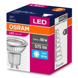 Osram Value PAR16 üveg ház/6,9W/575lm/4000K/GU10/230V/hideg fehér/120fok LED spot izzó 