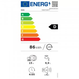 Beko BDSN28530X Beépíthető mosogatógép, 15 teríték,9.9 L,6 prog.,45 dB