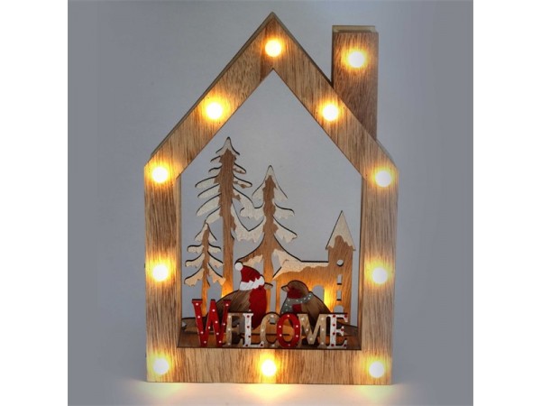 Iris Karácsonyi ház alakú madarak mintás/20x30x5,5cm/meleg fehér LED-es fa fénydekoráció Iris Karácsonyi ház alakú madarak mintás/20x30x5,5cm/meleg fehér LED-es fa fénydekoráció