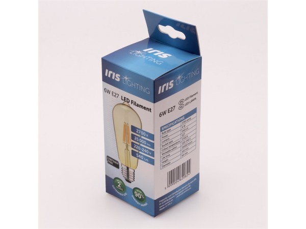 Iris Lighting Filament Bulb Longtip E27 ST64 6W/2700K/540lm aranyszínű LED fényforrás Iris Lighting Filament Bulb Longtip E27 ST64 6W/2700K/540lm aranyszínű LED fényforrás