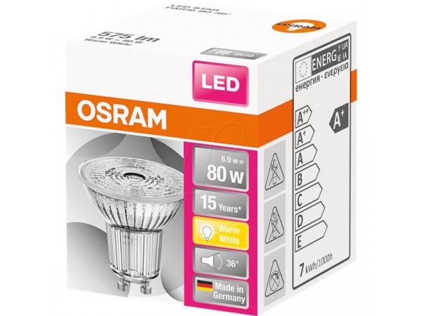 Osram Star PAR16 üveg ház/6,9W/575lm/2700K/GU10/230V/36fok/83lm/W LED spot izzó Osram Star PAR16 üveg ház/6,9W/575lm/2700K/GU10/230V/36fok/83lm/W LED spot izzó